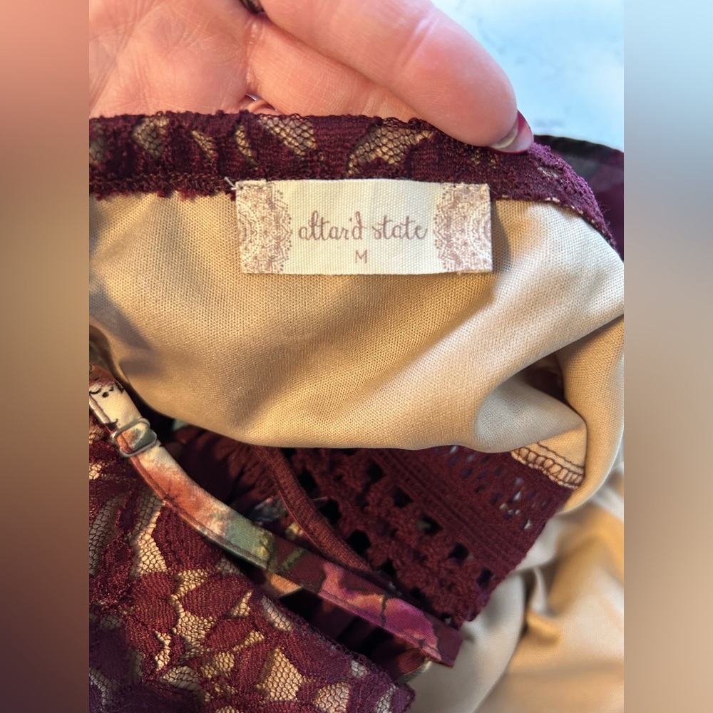 NWT Altar’d State Burgundy Floral Lace Bodice Dress Size Medium - Picture 6 of 16